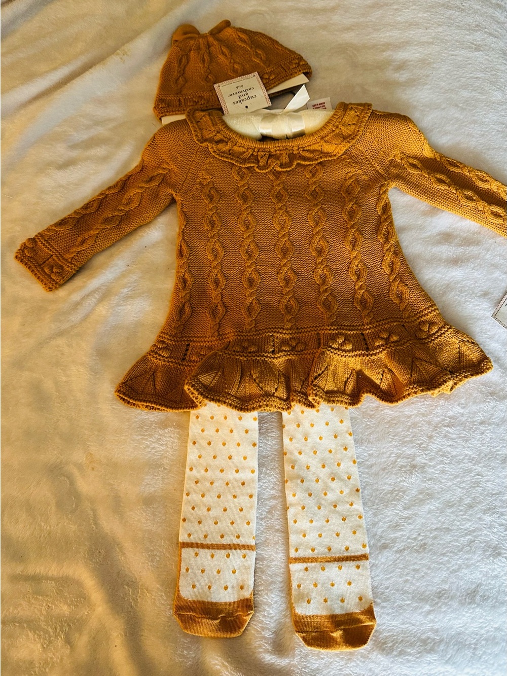 cupcakes & cashmere Mustard Cable-Knit Baby Hat and Sweater Set